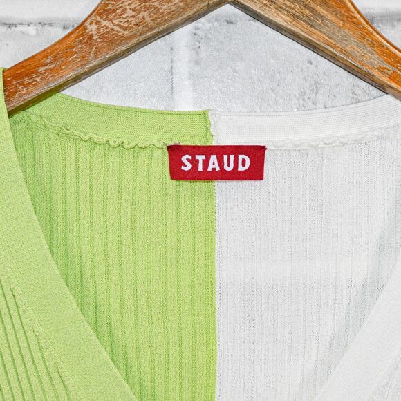 STAUD Women's Cargo Sweater Ribbed cardigan lime white colorblock - Picture 2 of 7